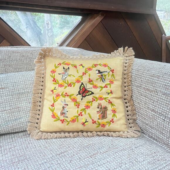 Vintage Crewel Embroidered Throw Pillow, Woodland Needlepoint - Picture 4 of 10